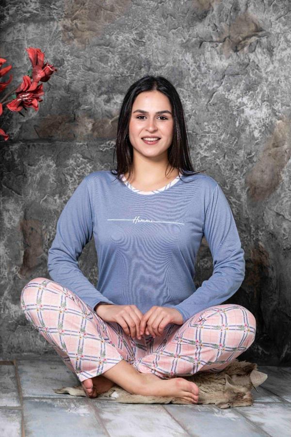 Lukitus Uzun Kol Pijama Takımı Pamuklu Sıfır Yaka - Image 1