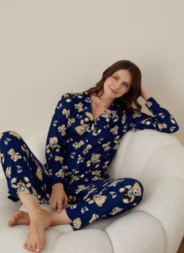 Lukitus Desenli Gömlek Yaka Süet Pamuklu Uzun Kol Pijama Takımı - Image 1