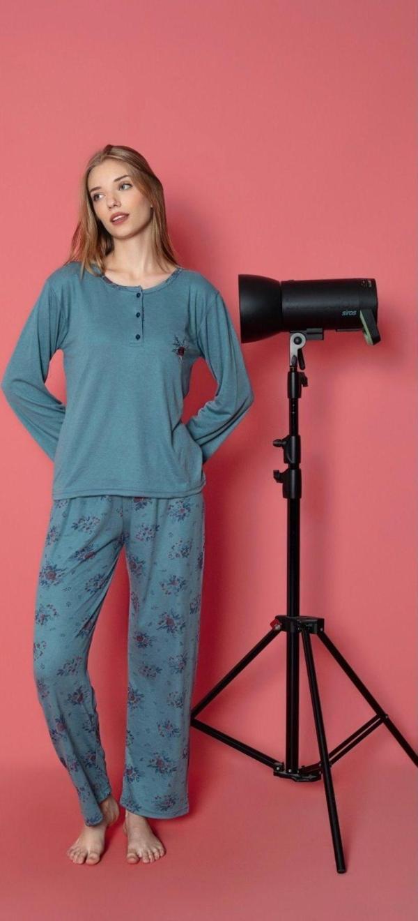 Lukitus Uzun Kol Bambu İnterlok Kadın Pijama Takımı - Image 1