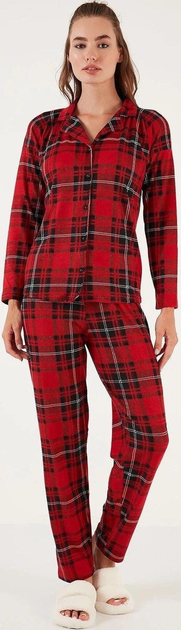 Lukitus Ekose Desen Gömlek Yaka Süet Kadın Pijama Takımı - Image 1
