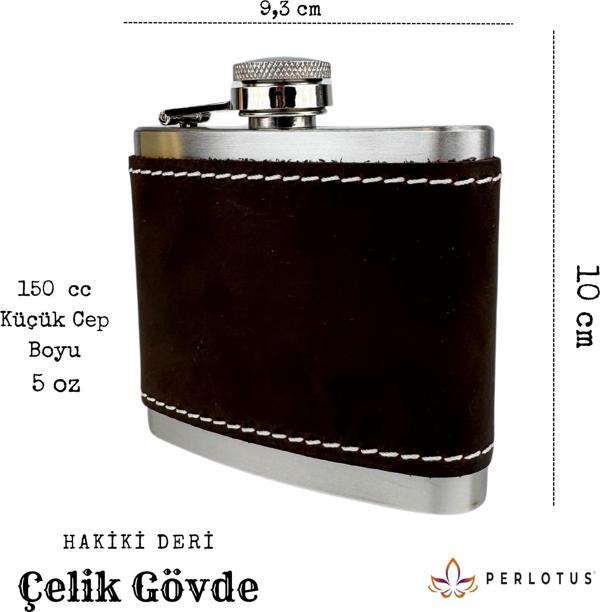 Perlotus 5 Oz 150 cc Koyu Kahverengi  El Yapımı Crazy Deri Kılıflı Çelik Viski Cep Matarası - Image 1
