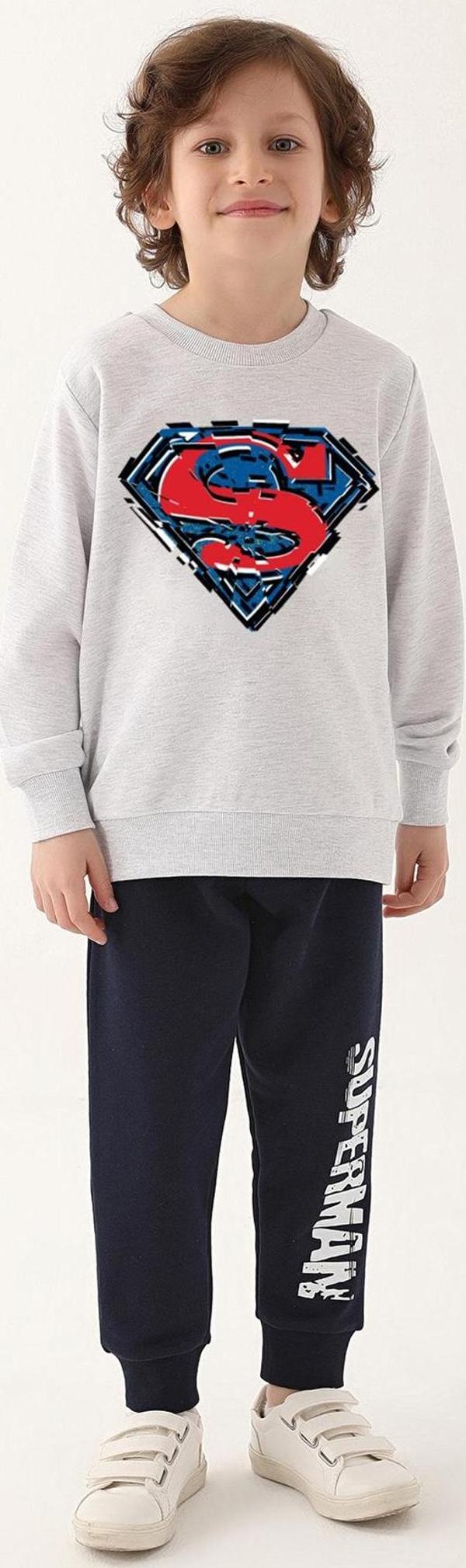 SuperMan L1623-3 Erkek Çocuk Eşofman Takımı Kar Melanj - Image 1