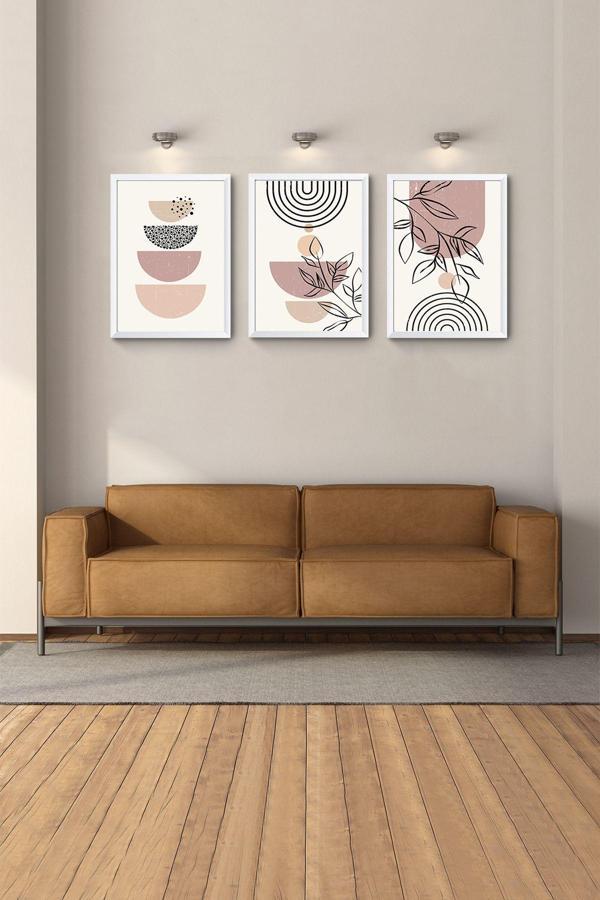 Hagen Beyaz Çerçeveli Modern Manzara Bohem Tablo 3Lü Tablo Set Büyük Duvar Tabloları Soyut Salon Tablolar - Image 1