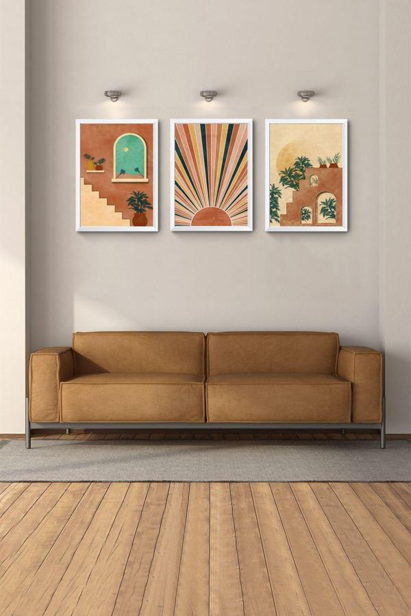 Hagen Beyaz Çerçeveli Büyük Duvar Tablolari Modern Manzara Bohem Tablo Soyut Salon Tablolar 3Lü Tablo Set - Image 1