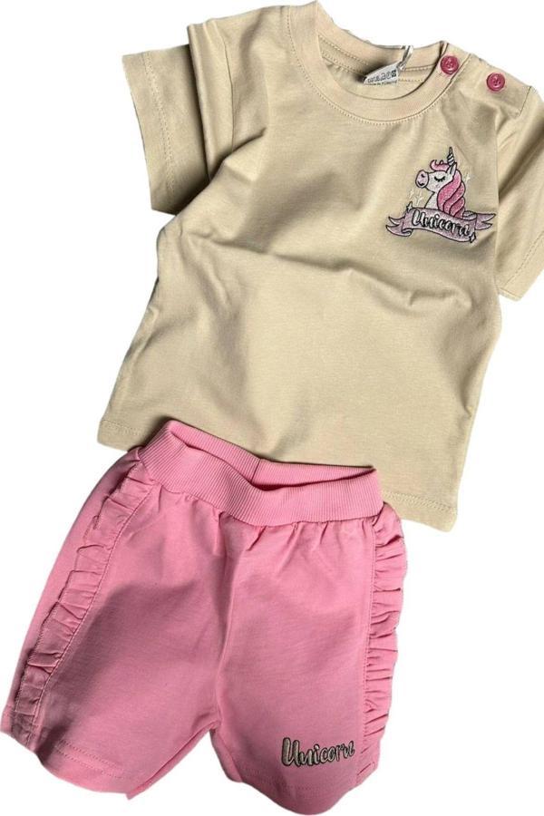 Kız Bebek Unicorn Nakış İşlemeli Tişört Yanları Fırfırlı Pembe Şortlu Takım - Image 1