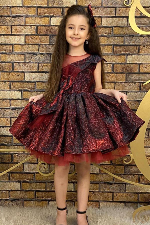 Kız Çocuk Mix Color Tül Detaylı Belden Bağlamalı Bordo Abiye - Image 1
