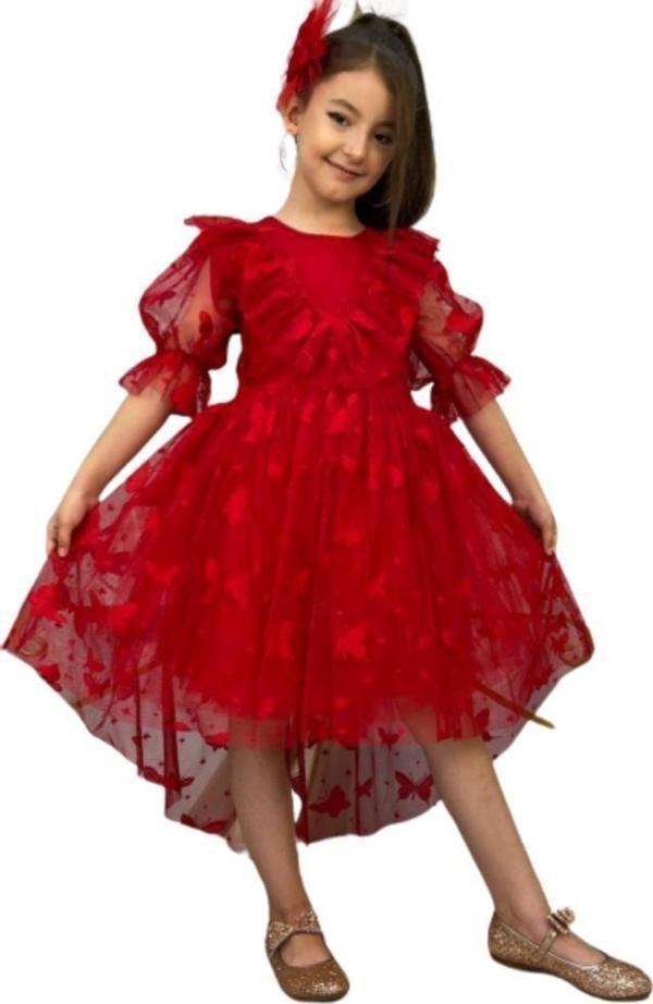 Kız Çocuk Kelebek Desenli Transparan Detaylı Kuyruklu Kırmızı Elbise - Image 1