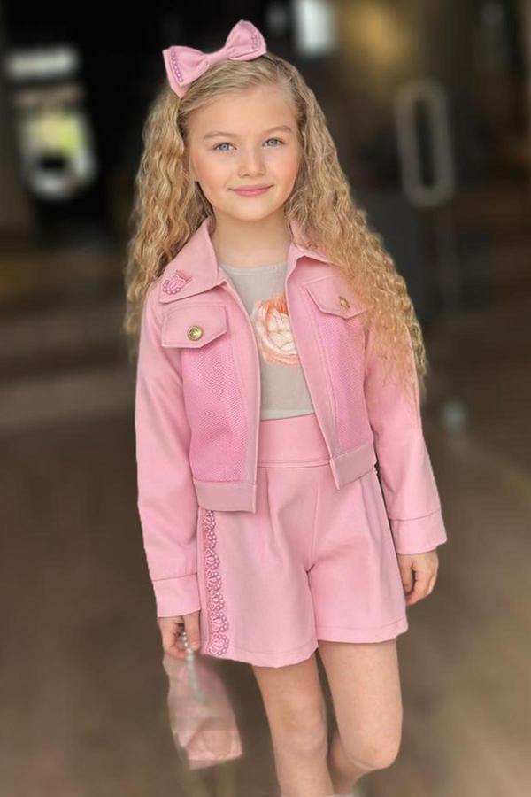 Kız Çocuk İnci Detaylı Güpür İşlemeli Çiçek Baskılı 5'li Pembe Alt Üst Takım - Image 1