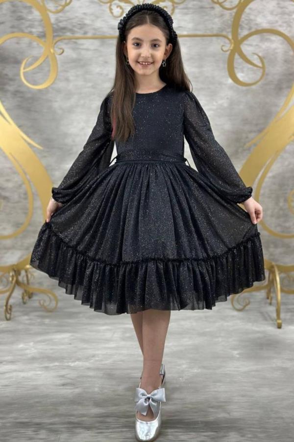 Kız Çocuk Sıfır Yaka Kolları Transparan Eteği Tüllü Simli Siyah Abiye - Image 1