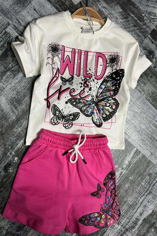Kız Çocuk Kelebek ve Yazı Baskılı Penye Pembe Şortlu Takım - Image 1