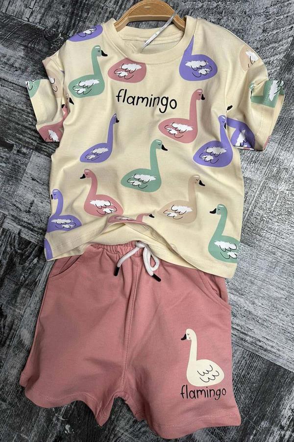Kız Çocuk Flamingo Baskılı Kısa Kollu Pudra Şortlu Takım - Image 1