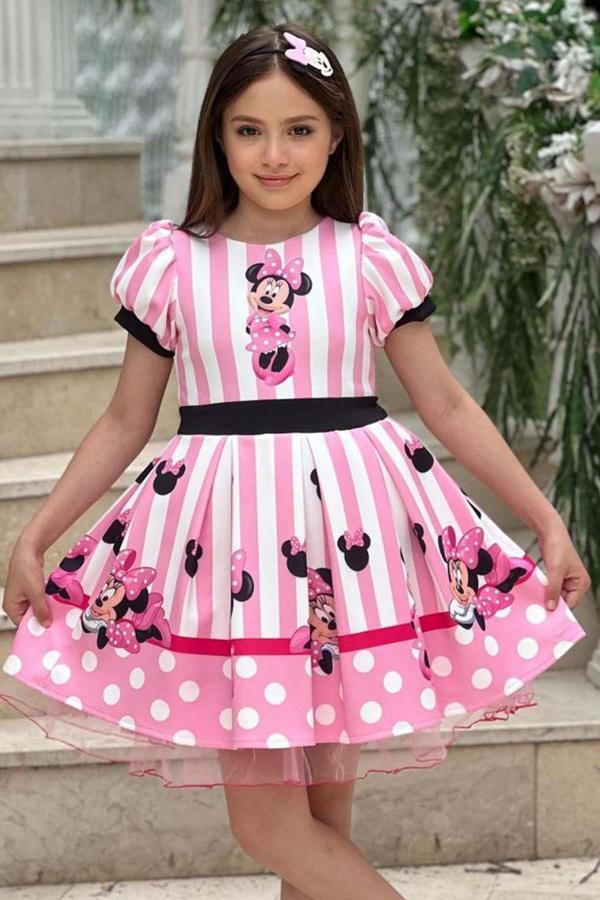 Kız Çocuk Minnie Baskılı Çizgi Detaylı Tüllü Pembe Elbise - Image 1