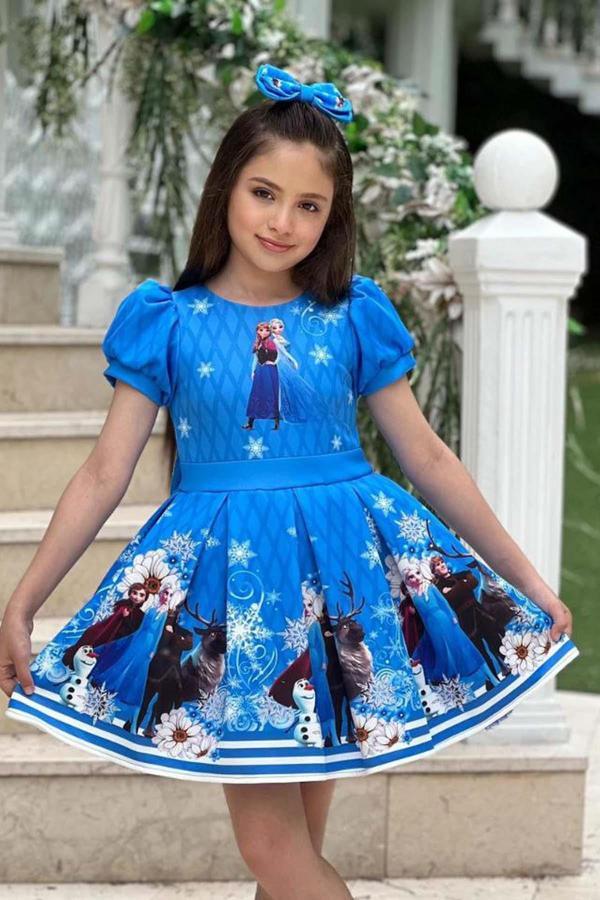 Kız Çocuk Karlar Prensesi Elsa Baskılı Mavi Elbise - Image 1