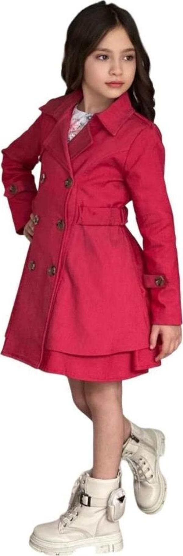 Kız Çocuk Çiçek Desenli Piliseli Kırmızı Trençkotlu Elbise - Image 1