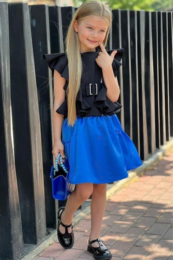 Kız Çocuk Asimetrik Kesim Kemer Detaylı Bluz Mavi Etekli Takım - Image 1