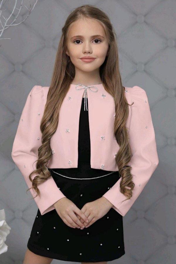 Kız Çocuk Üzeri Taş İşlemeli Etek Askılı Penye Bluz ve Pudra Blazer Ceket Etekli Takım - Image 1