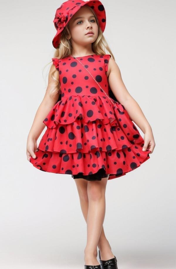 Kız Çocuk Kat Kat Fırfırlı Etek Ucu Tüllü Üzeri Üzeri Benekli Kırmızı Elbise - Image 1