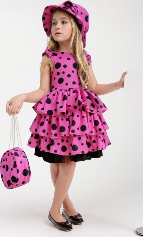 Kız Çocuk Kat Kat Fırfırlı Etek Ucu Tüllü Üzeri Üzeri Benekli Pembe Elbise - Image 1