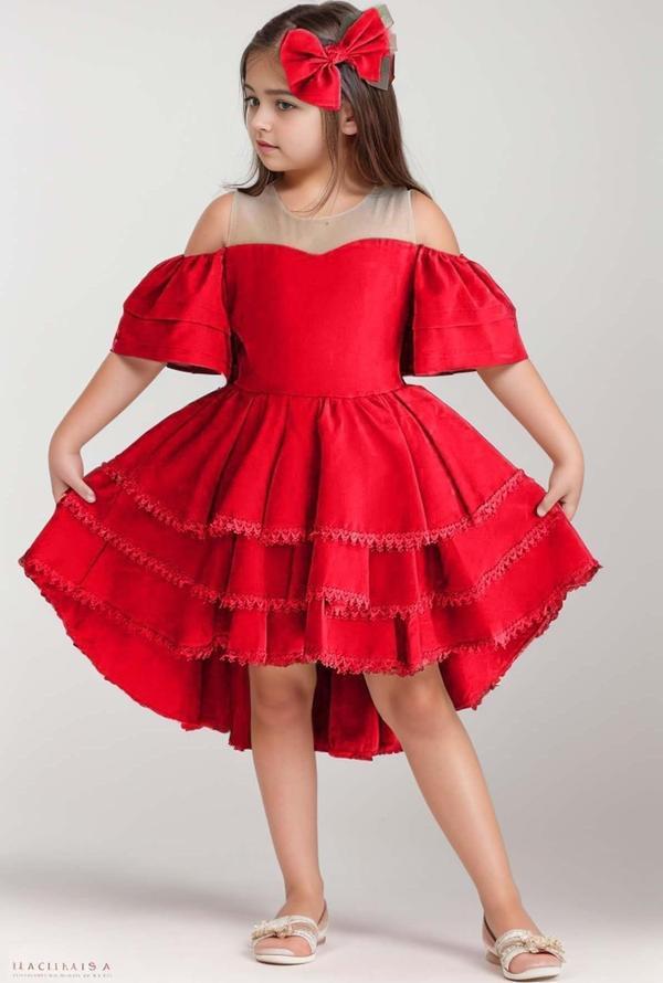 Kız Çocuk Düşük Omuzlu Transparan Yaka Eteği KatKat Dantel İşlemeli Kuyruk Detaylı Kırmızı Elbise - Image 1