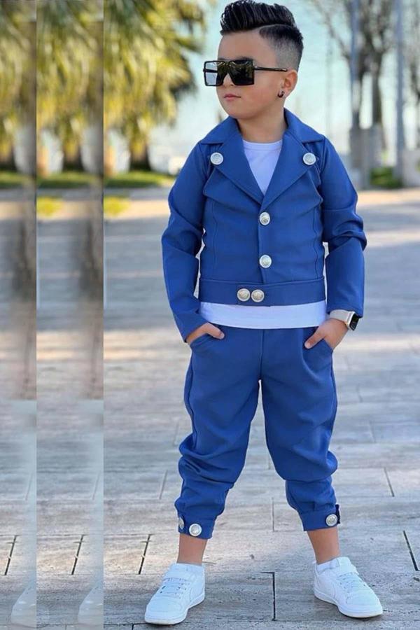 Erkek Çocuk Bisiklet Yaka Bluz ve Gümüş Düğme Detaylı Lacivert Ceket Alt Üst Takım - Image 1