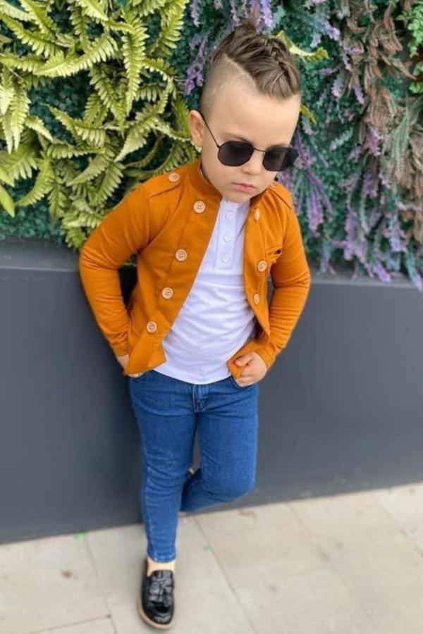 Erkek Çocuk Omzu ve Ceket Yakası Düğme Detaylı Cepli Blazer Ceketli Hardal Alt Üst Takım - Image 1