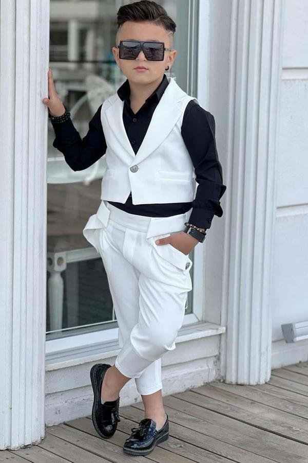 Erkek Çocuk Düğme Detaylı Yelek ve Boydan Düğmeli Beyaz Alt Üst Takım - Image 1