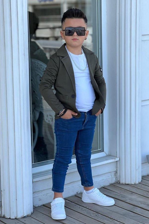 Erkek Çocuk Armalı Blazer Ceket ve Uzun Kollu Düğmeli Tişört Haki Alt Üst Takım - Image 1