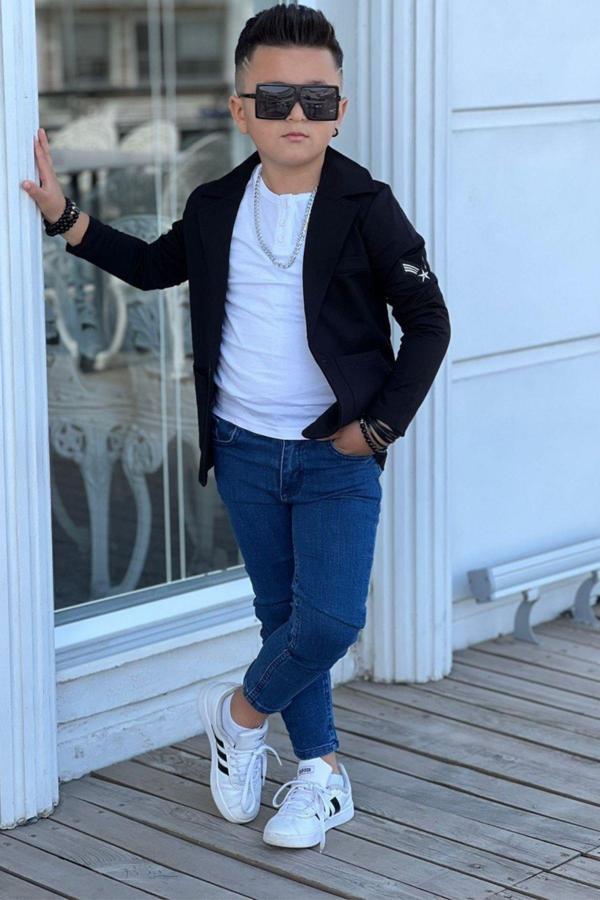 Erkek Çocuk Armalı Blazer Ceket ve Uzun Kollu Düğmeli Tişört Siyah Alt Üst Takım - Image 1
