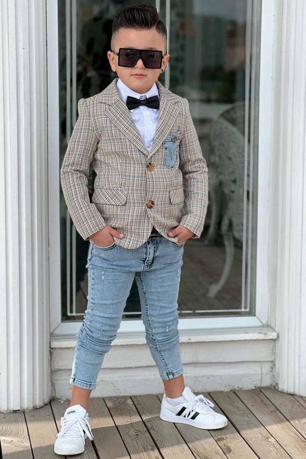 Erkek Çocuk Çizgili Blazer Ceket Kot Pantolon Sarı Alt Üst Takım - Image 1