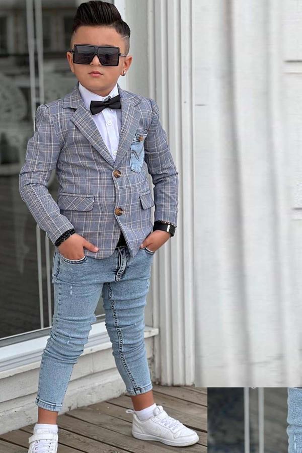 Erkek Çocuk Çizgili Blazer Ceket Kot Pantolon Mavi Alt Üst Takım - Image 1