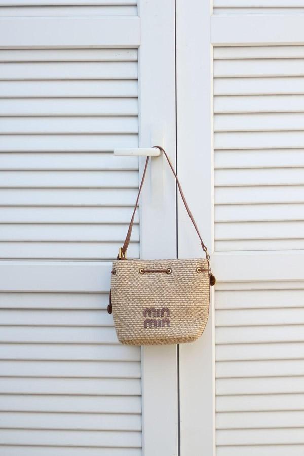 Moom Bag Kadın Camel Hasır Doku Bohça Form Omuz Çantası - Image 1
