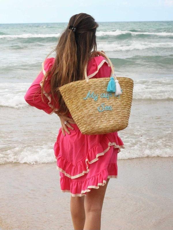 Moom Bag Kadın Mavi Yazılı Püskül Detaylı Hasır Omuz Çantası - Image 1