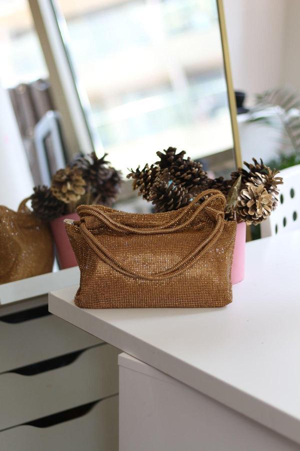 Moom Bag Kadın Gold Çift Kulp Tutmalı Taş İşleme Abiye Çanta - Image 1