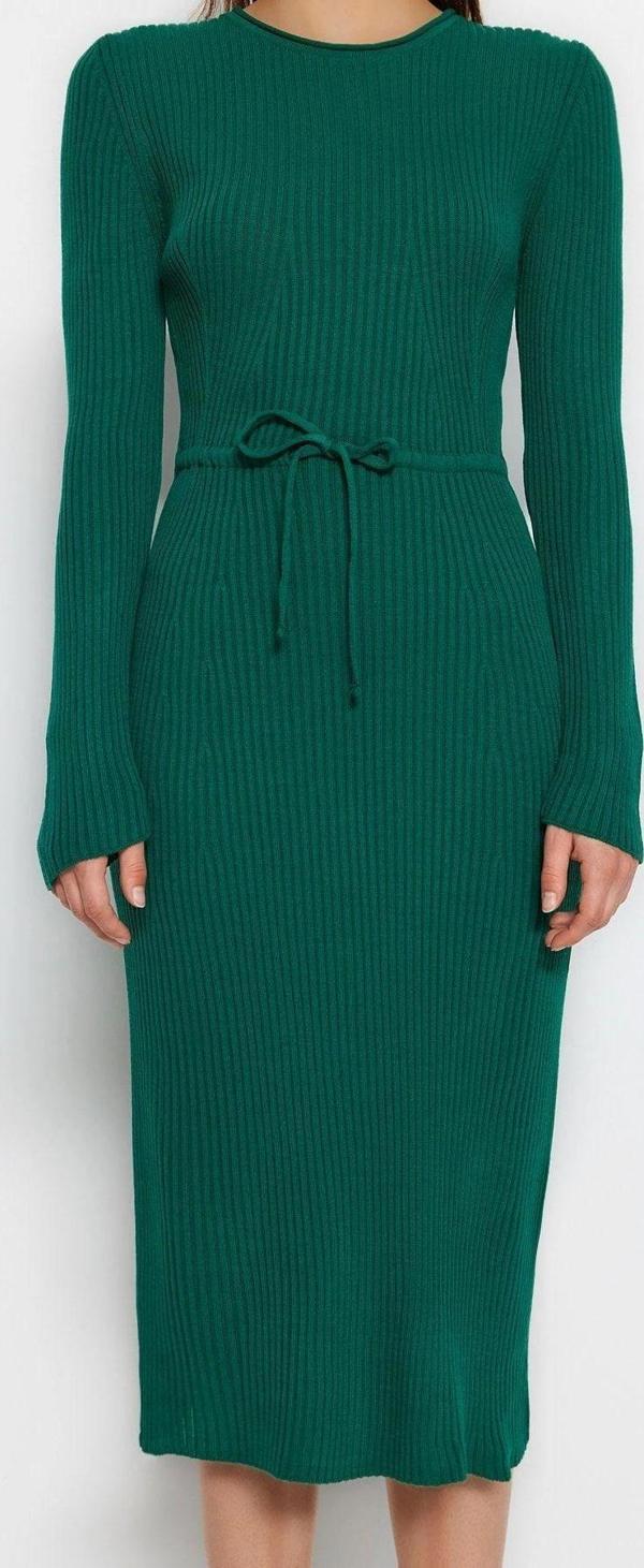 Moda Slim Casual Günlük Tek Plaka Triko Bisiklet Yaka Uzun Kol Bodycone Midi Boy Elbise - Image 1