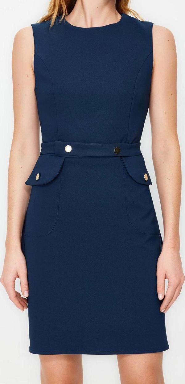 Moda Regular Business Finike Dokuma Bisiklet Yaka Kolsuz Kol Bodycone Mini Boy Elbise - Image 1