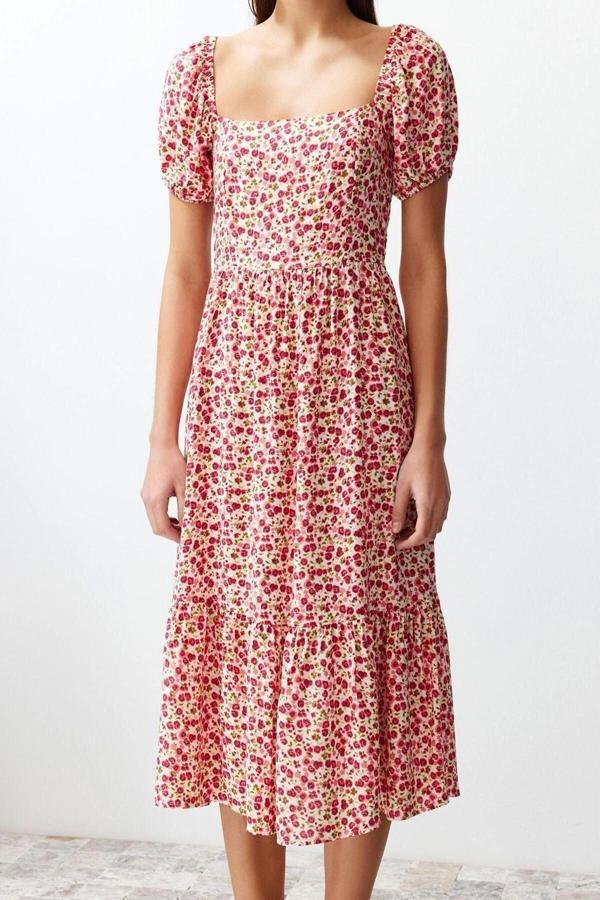 Moda Regular Casual Günlük Shally Dokuma Kare Yaka Truvakar Kol Kol Skater Midi Boy Elbise - Image 1