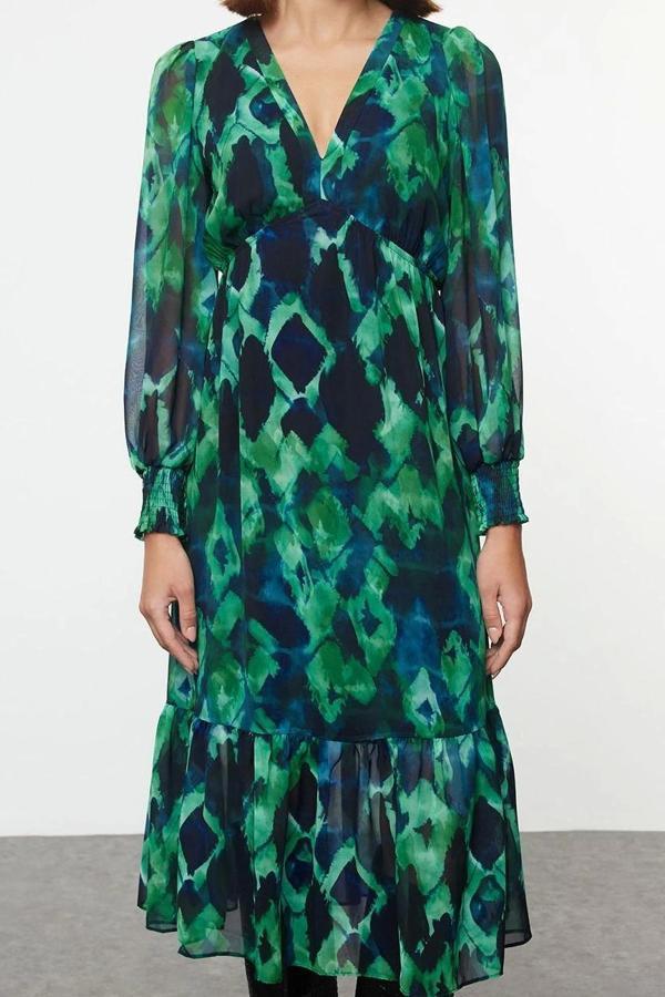 Moda Regular Gündüz Gece Şifon Dokuma V Yaka Uzun Kol A-Line Midi Boy Elbise - Image 1