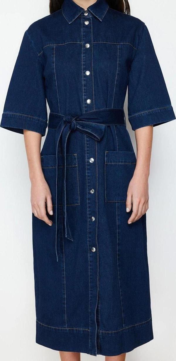 Moda Regular Casual Günlük Rigid Denim Gömlek Yaka Uzun Kol Basic Maxi Boy Elbise - Image 1