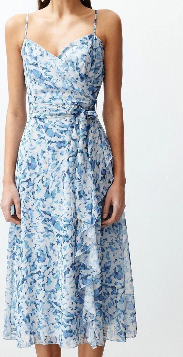 Moda Regular Gündüz Gece Şifon Dokuma V Yaka Askılı Kol Skater Midi Boy Elbise - Image 1