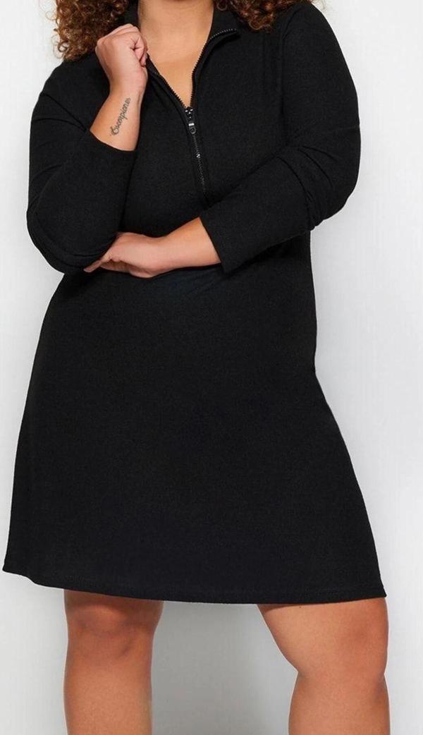 Moda Stil Relaxed Dik Yaka Mini Boy Büyük Beden Yakası Femuarlı Örme Elbise - Image 1