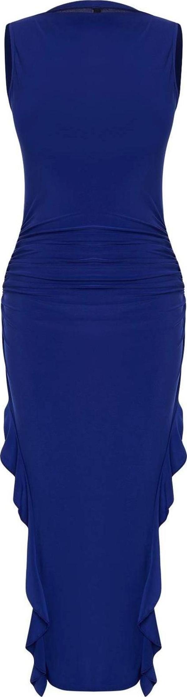 Kolsuz Bisiklet Yaka Kırmızı Bodycone Yırtmaçlı Fırfır Detaylı Esnek Kalın Sandy Maxi Kalem Elbise - Image 1