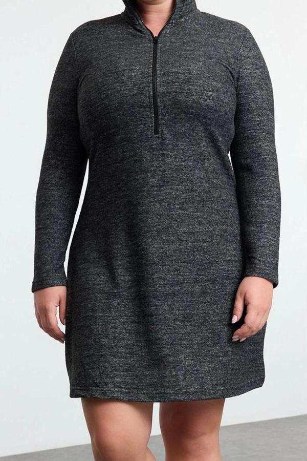 Moda Stil Relaxed Dik Yaka Mini Boy Büyük Beden Yakası Femuarlı Örme Elbise - Image 1