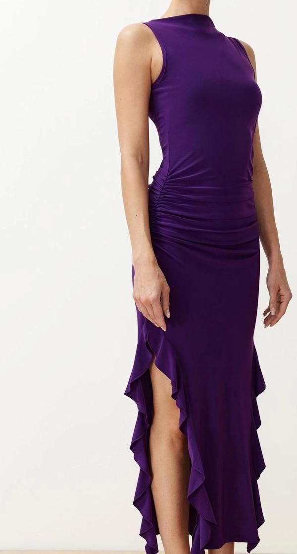 Kolsuz Bisiklet Yaka Kırmızı Bodycone Yırtmaçlı Fırfır Detaylı Esnek Kalın Sandy Maxi Kalem Elbise - Image 1