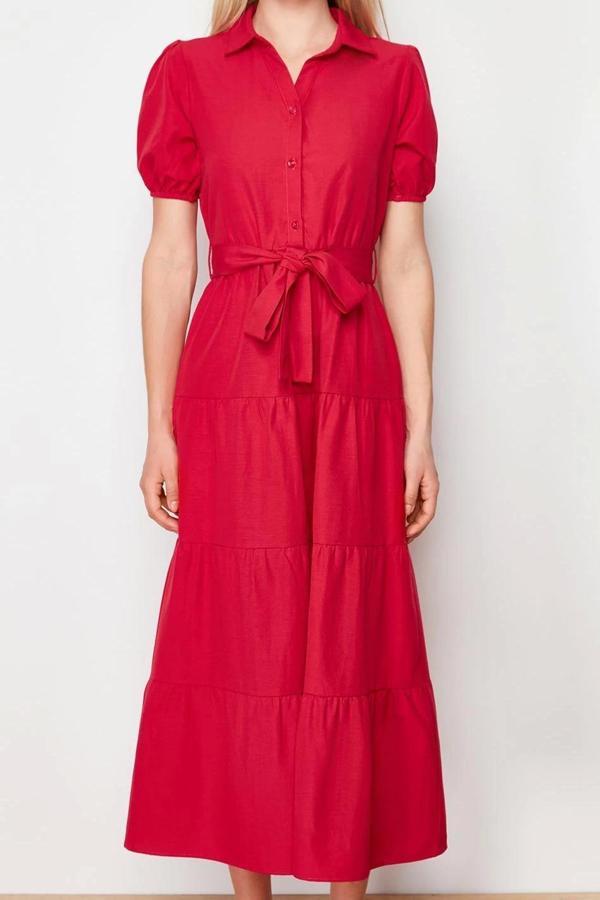 Moda Regular Casual Günlük Terrycotton Dokuma Gömlek Yaka Kısa Kol Skater Maxi Boy Elbise - Image 1