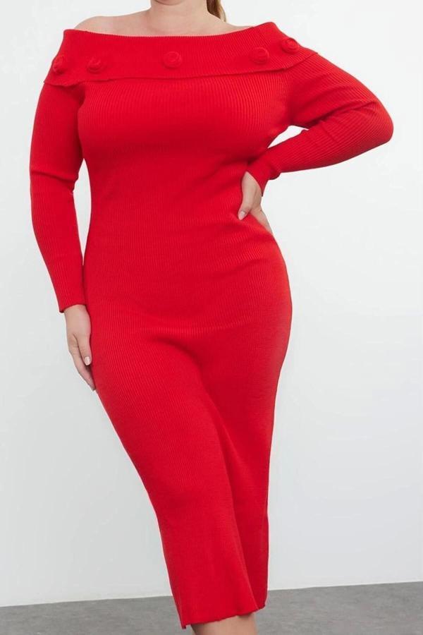 Moda Stil Fitted Carmen Yaka Midi Boy Büyük Beden Fitilli Gül Detaylı Triko Elbise - Image 1