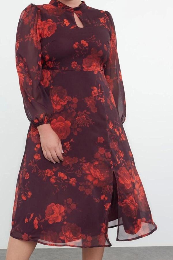 Moda Stil Relaxed Dik Yaka Midi Boy Büyük Beden Çiçek Desenli Şifon Astarlı Yırtmaçlı Dokuma Elbise - Image 1