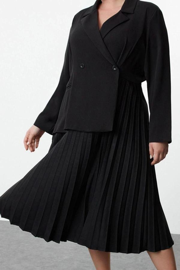 Moda Stil Relaxed Ceket Yaka Midi Boy Büyük Beden Pilise Etekli Dokuma Büyük Beden Ceket Elbise - Image 1