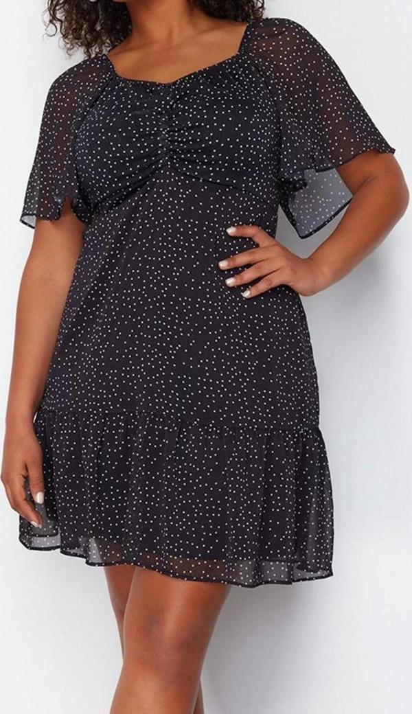 Moda Relaxed V Yaka Midi Boy Büyük Beden Siyah Puantiyeli Lastik Belli Dokuma Şifon Astarlı Elbise - Image 1