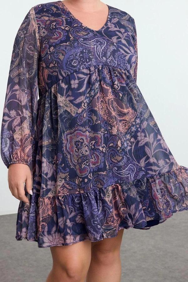 Moda Stil Relaxed V Yaka Midi Boy Büyük Beden Çiçekli Simli Eteği Fırfırlı Dokuma Büyük Beden Elbise - Image 1