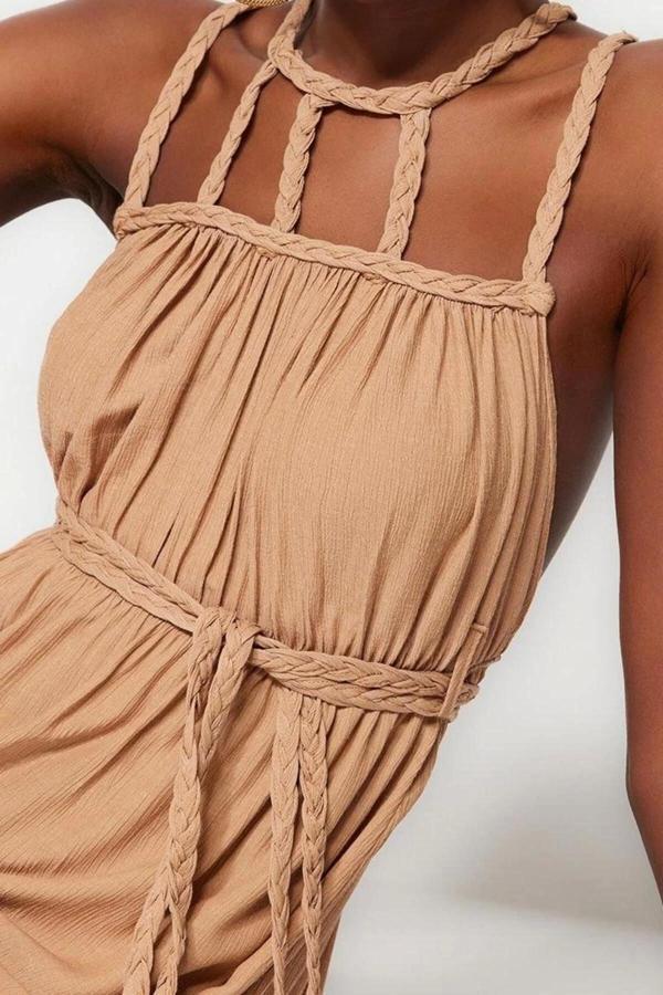 Moda Stil Regular Bisiklet Yaka Maxi Boy Kuşaklı Dokuma Bağlamalı %100 Pamuklu Plaj Elbisesi - Image 1